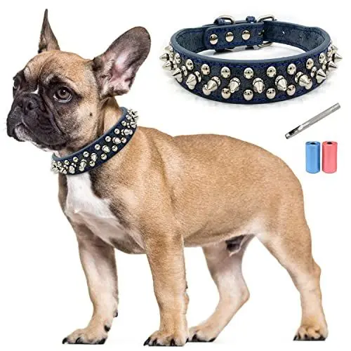 Produktbild: TVMALL Leder Hundehalsband Bissfest mit Spiked Nieten Hundehalsband Verstellbar Individualität Boxer Bulldogge Halsband für Kleine, Mittelgroße Hunde - Kostenlose Lederlocher und Müllbeutel (Blau, S)