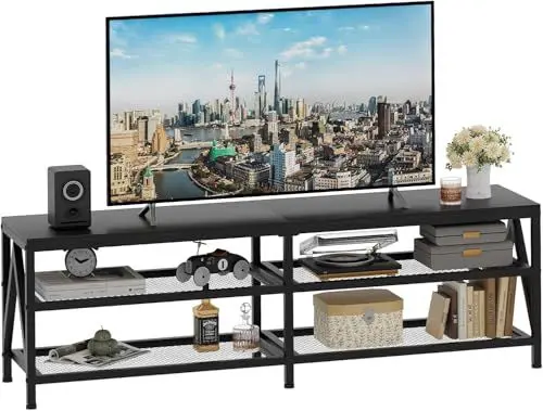Produktbild: TV-Schrank, Fernsehtisch, Lowboard für Fernseher bis zu 70 Zoll, Fernsehschrank mit 3 offenen Fächern, TV-Regal für Wohnzimmer Schlafzimmer, 160 x 40 x 50 cm, Industrie Design, Stahlgestell, Schwarz