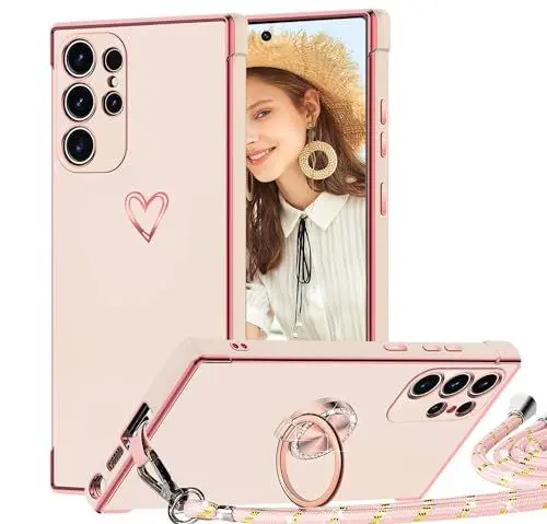 Produktbild: TVVTPU Handykette für Samsung Galaxy S24 Ultra 5G Hülle mit Band, Herz Love Muster Handyhülle mit Ring Ständer Galvanik Stoßfeste Kratzfest Schutzhülle Case mit Kordel zum Umhängen (Abnehmbar), Rosa
