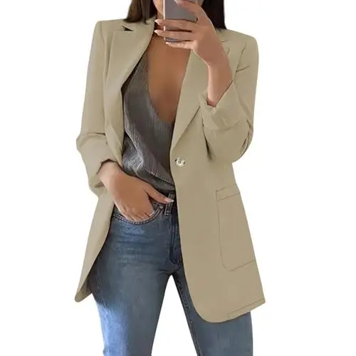 Produktbild: Frauen Blazer für Arbeit - Casual Mäntel und Jacken - Schwarze Blazerjacke für Bürokleidung 2024 - Übergroßer Beige S