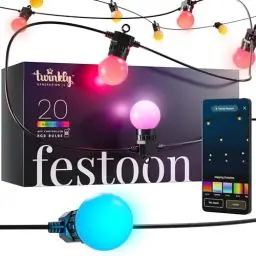 Produktbild: Twinkly Festoon 20 LED RGB, Lichterkette mit 20 LED-Lampen, Mehrfarbige RGB Außen- und Innenbeleuchtung, Kompatibel mit Alexa, Google Home, Gaming-Lichter, IP44, App-Steuerung, Schwarzes Kabel, 10m