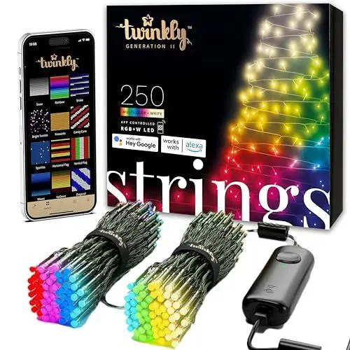Produktbild: Twinkly Strings 250 LED RGB+ Weiß, LED-Lichterkette, Smarte LEDs für den Innen- und Außenbereich, Kompatibel mit Alexa und Google Home, IP44, App-Steuerung, Schwarzes Kabel, 20m