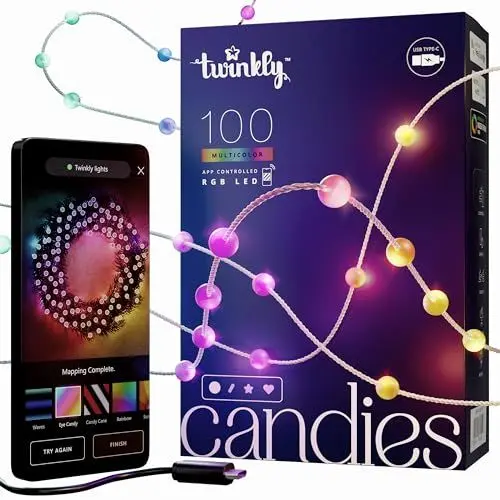 Produktbild: Twinkly Strings USB-C Pearls 100 LED, LED-Lichterkette in Perlenform, RGB LED-Lichter Mehrfarbig, Lichter zum Valentinstag, Kompatibel mit Alexa und Google Home, USB-C, Transparentes Kabel, 6m