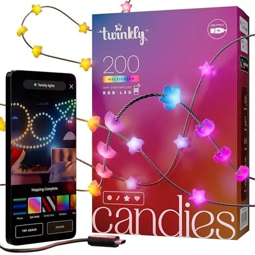 Produktbild: Twinkly Strings USB-C Star 200 LED, Sternförmige LED-Lichterkette, RGB LED-Lichter Mehrfarbig, Lichter zum Valentinstag, Kompatibel mit Alexa und Google Home, USB-C, Grünes Kabel, 12m