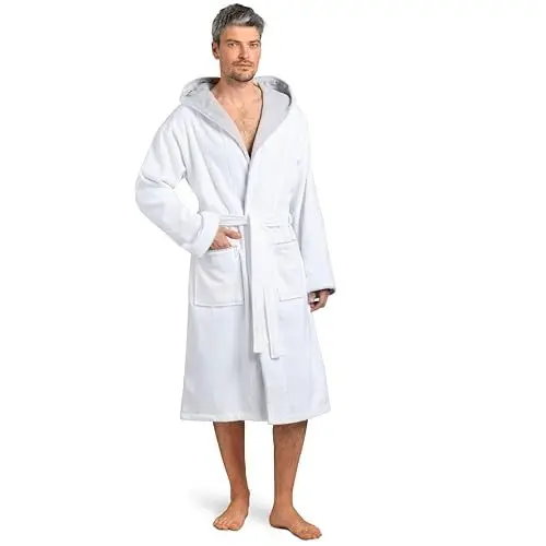 Produktbild: Twinzen Bademantel Herren Frottee Velour Weiß - Baumwollsamt Morgenmantel - Extra Weich OekoTex Baumwollvelours Größe L