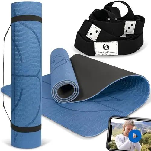 Produktbild: TwistingFitness Yogamatte Yogagurt Set - Inklusive Yoga-Kurs Bis Zu 2 Monate - Dunkelblau - Rutschfeste Yogamatte Dünn 0,6 cm TPE - Dunkelblau/Schwarz - 183 x 61 x 0,6 cm