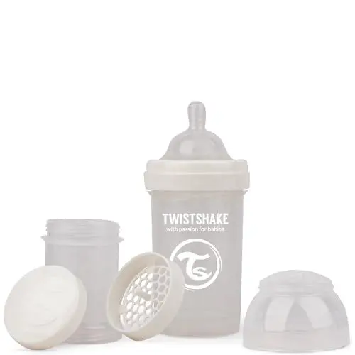 Produktbild: Twistshake Anti-Kolik Babyflasche mit Milchpulverbehälter und Mixer - 180 ml | Langsam Fließende, Brustähnliche Brustwarze aus Silikon | BPA-freie | Geeignet für Neugeborene (0+) | Weiß