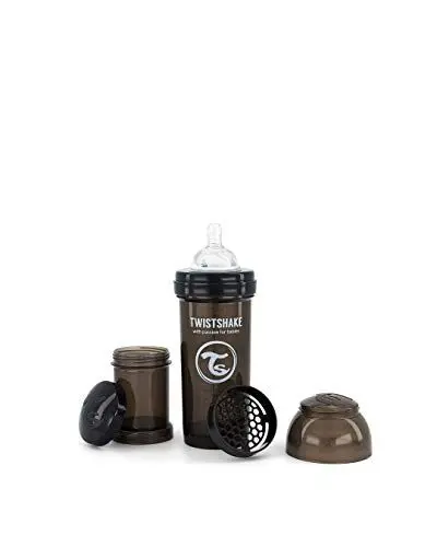Produktbild: Twistshake Anti-Kolik Babyflasche mit Milchpulverbehälter und Mixer - 260 ml | Silikon-Brustwarze mit mittlerem Durchfluss | BPA-freie Babymilchflasche | Geeignet für Babys ab 2 Monaten | Schwarz