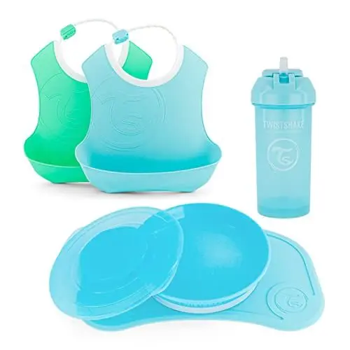 Produktbild: Twistshake Babygeschirr-Set - 5 Teilig | 1x Baby-Silikon-Tischset - 1x Kinderteller - 2x Lätzchen - 1x Strohhalmbecher | Baby-Fütterungsset | Geschirr für die Entwöhnung | 6+ Monate | Blau
