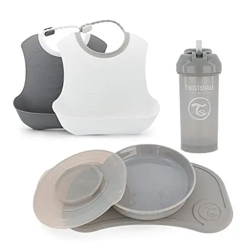 Produktbild: Twistshake Babygeschirr-Set - 5 Teilig | 1x Baby-Silikon-Tischset - 1x Kinderteller - 2x Lätzchen - 1x Strohhalmbecher | Baby-Fütterungsset | Geschirr für die Entwöhnung | 6+ Monate | Grau