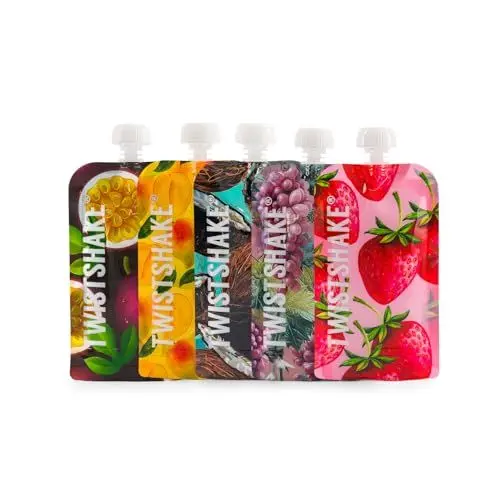 Produktbild: Twistshake Babynahrungsbeutel 220 ml – 5er-Set | Wiederverwendbare Babynahrungstasche mit doppeltem Reißverschluss | BPA-freie Fill n Squeeze Baby-Entwöhnungsbeutel | Auslaufsicherer Quetschbeutel