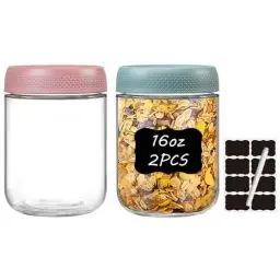 Produktbild: twoant Overnight Oats Gläser Einmachgläser mit Schraubdeckel Wiederverwendbare Glasbehälter mit Deckel Mason Jar Meal Prep Boxen mit Etiketten & Stift (2 Stück, 500ml)