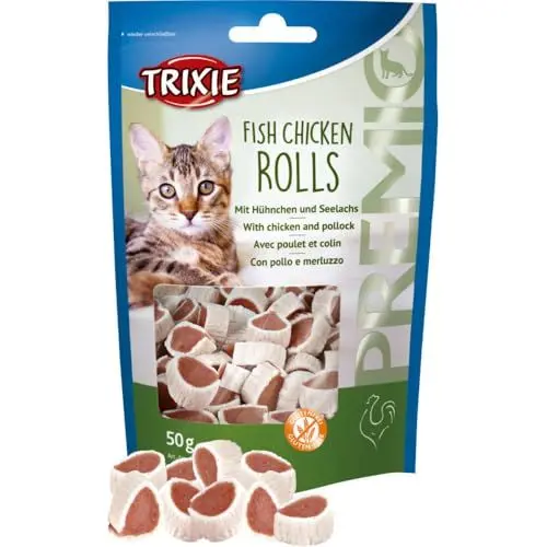 Produktbild: Trixie Premio Fish Chicken Rolls | 50 g | Ergänzungsfuttermittel für Katzen | Mit Hühnchen und Seelachs | Glutenfrei, ohne Zuckerzusatz | Verschließbarer Beutel