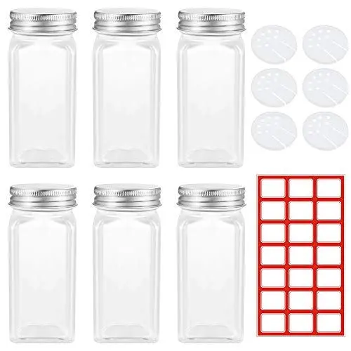 Produktbild: TXErfolg 6 Stück Gewürzgläser aus Glas 110ml Leere Gewürzstreuer Quadratische Glasbehälter mit 21 Stücken Selbstklebendes Etikett Aufbewahrung von Tee Kräutern Gewürzen