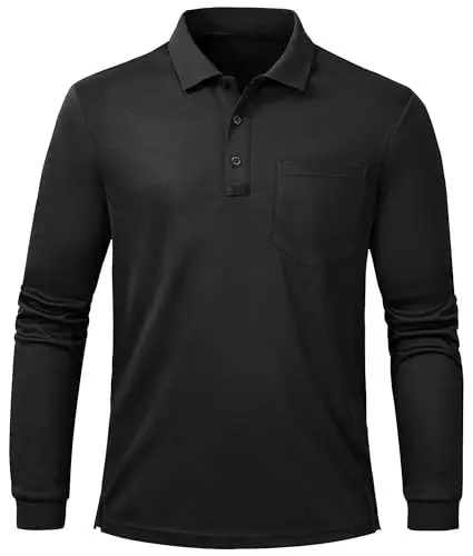 Produktbild: Tyhengta Langarm Poloshirt Herren Golf Shirt Schnell Trocknendes Polo T-Shirt Sport Tennis Polo Tops mit Tasche Schwarz,L