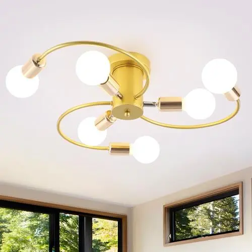 Produktbild: TYhogar Esszimmer Leuchte Flush Mount Light Deckenleuchte Bauernhaus Kronleuchter Rustikale Küche Leuchten 6-Light Golden Modern Ceiling Chandelier für Schlafzimmer Living Entryway Hallway