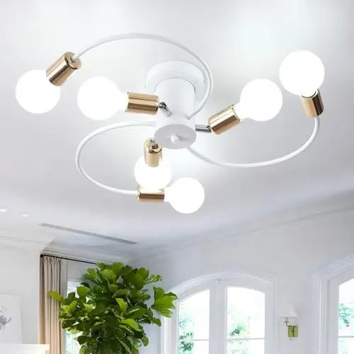 Produktbild: TYhogar Esszimmer Leuchte Flush Mount Light Deckenleuchte Bauernhaus Kronleuchter Rustikale Küche Leuchten 6-Light Weiß Modern Ceiling Chandelier für Schlafzimmer Living Entryway Hallway