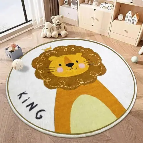 Produktbild: TYJDTYR Kinderteppich Rund, LöWe Muster Rund Kinder Spielteppiche, Weich Waschbare Teppich füR Kinderzimmer, rutschfeste Pflegeleicht Kindermatte füR Schlafzimmer Wohnzimmer 100cm