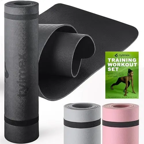 Produktbild: Tylmex Yogamatte TPE rutschfest 6mm | Umweltfreundliche Fitnessmatte für Yoga, Pilates & Workout | Trainingsmatte 183x61cm mit Tragegurt & Online-Übungsanleitung - Schwarz