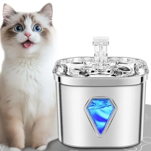 Produktbild: Tyonto Edelstahl katzenbrunnen trinkbrunnen mit LED-Licht,2.5L,Ultra-Leise,wasserspender fountain USB-Stromversorgung wasserbrunnen und Aktivkohle, 5-stufige Filtration, für cat Katzen und Hunde,katze