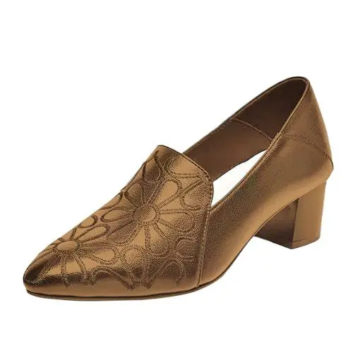 Produktbild: TYTUOO Damen Chunky Low Block Heels Spitze Kleid Pumps Schuhe Drucke Slip On Arbeit Casual Wanderschuhe (Khaki, 36)