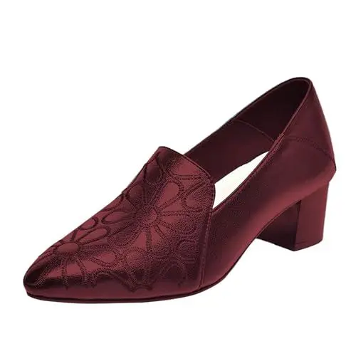 Produktbild: TYTUOO Damen Chunky Low Block Heels Spitze Kleid Pumps Schuhe Drucke Slip On Arbeit Casual Wanderschuhe (Wine, 38)