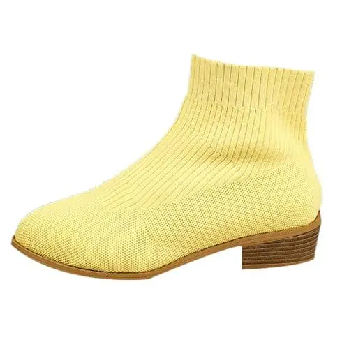 Produktbild: TYTUOO Damen Strick Stiefeletten Spitze Zehe Atmungsaktiv Chunky Low Heel Stretch Slip On Kurze Stiefeletten Winter Kleid Schuhe (Yellow, 36)