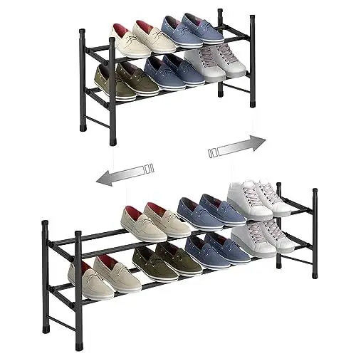 Produktbild: TZAMLI Ausziehbar Schuhregal mit 2 Ebenen zur Aufbewahrung von bis zu 12 Paar Schuhen, Verstellbarer stapelbarer Schuhregal-Stauraum für den Flur, 62~114 x 22 x 35 cm (Schwarz, 2-BÖDEN)