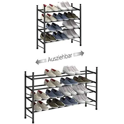 Produktbild: TZAMLI Ausziehbar Schuhregal mit 4 Ebenen zur Aufbewahrung von bis zu 24 Paar Schuhen, Verstellbarer stapelbarer Schuhregal-Stauraum für den Flur, 62~114 x 22 x 66 cm (Schwarz, 4-BÖDEN)