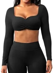 Produktbild: TZLDN Damen Langarm Crop Tops Sexy Gepolster Slim Gym Langarmshirt Bauchfrei Sport Yoga Oberteile Basic Casual T-Shirt Laufshirt Yoga Pilates Tennis Schwarz M
