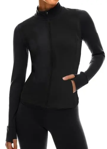 Produktbild: TZLDN Laufjacke mit Taschen Damen Leichte Langarm Enge Sportjacke Atmungsaktiv Trainingsjacke Sport Oberteile Yoga Fitness Gym Jacke Top Laufweste Schwarz M