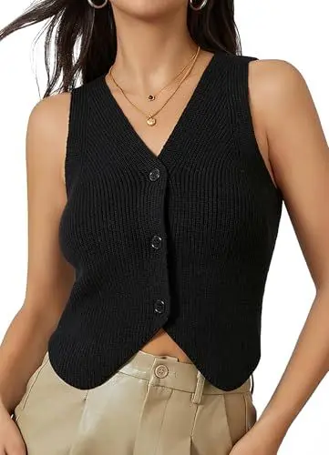 Produktbild: TZLDN Pullunder Damen Ärmellos Elegant Weste mit Knöpfen Strick V Ausschnitt Lässig Lose Strickweste Anzugweste Pullover Jacke Herbst Oberteile Pulli Schwarz L