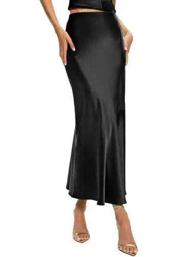 Produktbild: TZLDN Satin Rock Damen Lang Hohe Taille Skirt Elegant Seide Midirock Herbst Winter Midi Business Rock mit Reißverschluss Trachtenrock Schwarz S