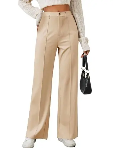 Produktbild: TZLDN Stoffhose Damen Herbst Bequeme Gerades Bein Stretch Bauchweg Elegant Weite Hosen Anzughose Marlenehose Bundfaltenhose Business Büro Casual helles Khaki S