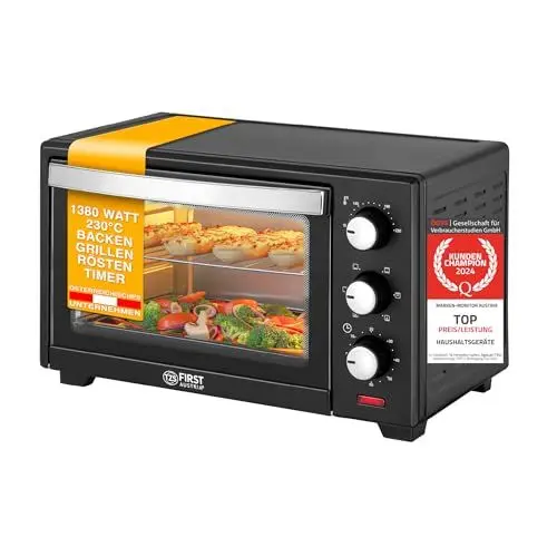 Produktbild: TZS First Austria 20 Liter Minibackofen mit 1380 Watt schwarz | Unter-Oberhitze bis 230 Grad stufenlose Temperaturregelung | 60 Minuten Timer | Doppelglastür | Mini Ofen | Krümelblech