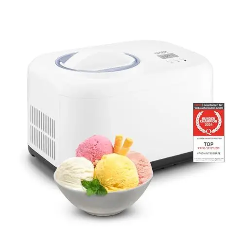 Produktbild: TZS First Austria Eismaschine & Joghurtbereiter | 1 L | Frozen Joghurt, Sorbet, Eiscreme | inkl. Rezeptheft, Messbecher & Spatel | weiß