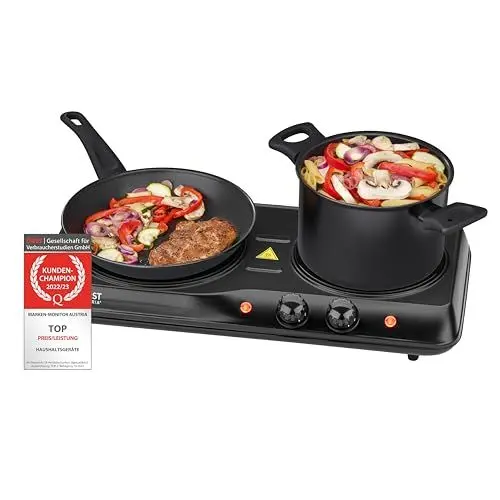 Produktbild: TZS First Austria Infrarot Keramik-Herdplatte doppelt | ALLE Topfarten | Doppelkochplatte 19cm / 16,5cm | Kochfeld für Umzug, Camping, Ferienwohnung - schnelles Aufheizen & stufenlose Einstellung