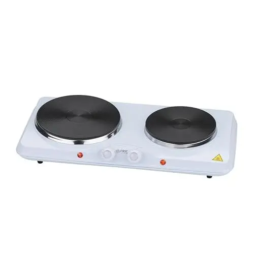 Produktbild: TZS First Austria Kochplatte, elektrisches Doppelkochfeld aus Gusseisen, Herdplatten für Zuhause, Camping & Reisen, Thermostat mit 5 Temperaturstufen, in Weiß, 2500 W