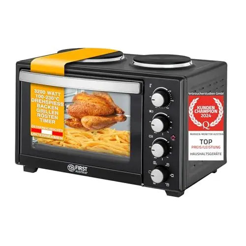 Produktbild: TZS First Austria Mini-Backofen mit Kochplatten | 30L Kapazität | 3200W, Umluft, max 230°C | geeignet für Camping, Wohnheim & Kleinküchen