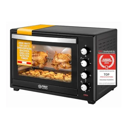 Produktbild: TZS First Austria Minibackofen, 2000 Watt, 60L, mit Innenbeleuchtung, Umluft-Funktion, Drehspieß für 2 Hühnchen, Mini Pizzaofen, herausnehmbares Krümelblech