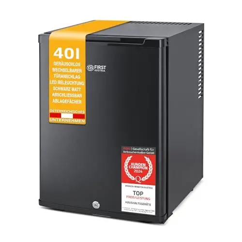 Produktbild: TZS First Austria Minikühlschrank 40L | komplett lautlos | abschließbar | wechselbarer Türanschlag | Innenbeleuchtung | Minibar für Camping, Büro & Schlafzimmer | schwarz