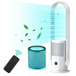 Produktbild: U ULTTY Rotorloser Ventilator mit Luftreiniger, Turmventilator Leise mit Fernbedienung, Touch, Timer, HEPA Filter 99,97%, 80 cm 90° Oszillation Bladeless Fan für Schlafzimmer Büro, CR022 Weiß