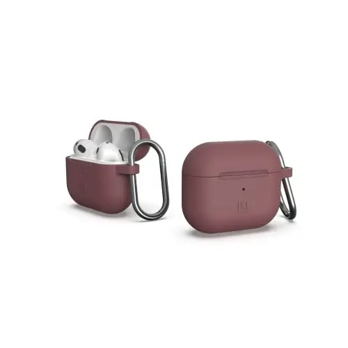 Produktbild: U by UAG (U) Dot Silikon Case für die Apple AirPods 2021 Hülle - (Soft-Touch Silikon, Karabinerhaken, Lightning Anschluss Abdeckung, Status LED sichtbar, Wireless-Charging kompatibel) - aubergine