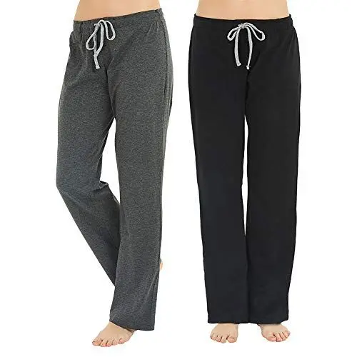 Produktbild: U2SKIIN 2er Pack Pyjamahosen Damen lang 100% Baumwolle Schlafhose leichte Schlafanzughose Freizeithose Haushose (Schwarz+Dunkelgrau Mel., M)