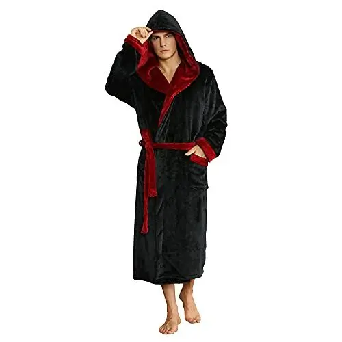 Produktbild: U2SKIIN Herren Kapuze Bademantel, Plüsch Bademäntel für Herren lange Fleece Plüsch Bademantel flauschig aus Flanell (Schwarz/Weinrot, 2XL/3XL)