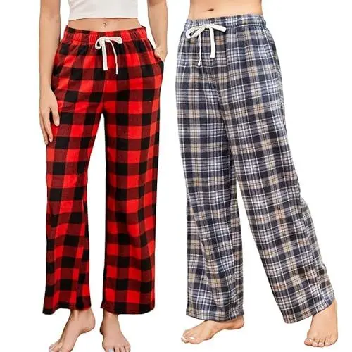 Produktbild: U2SKIIN Pyjamahose Damen lang kariert Schlafhose Schlafanzughosen für Damen Fleece Pyjama Hosen Nachtwäsche Freizeithose mit Taschen (Büffel Karo Rot+Grau Gelb Kariert, M)