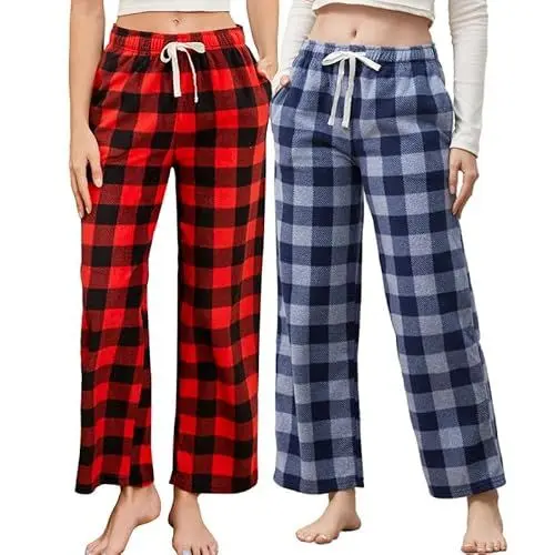 Produktbild: U2SKIIN Pyjamahose Damen lang kariert Schlafhose Schlafanzughosen für Damen Fleece Pyjama Hosen Nachtwäsche Freizeithose mit Taschen (Büffel Karo Rot+Marineblau Grau Kariert, M)