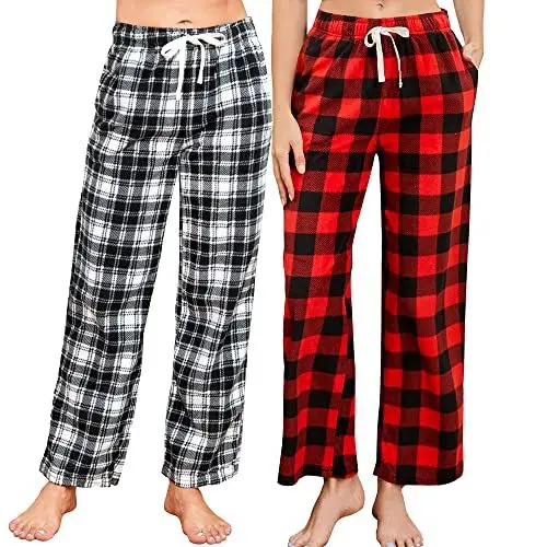 Produktbild: U2SKIIN Pyjamahose Damen lang kariert Schlafhose Schlafanzughosen für Damen Fleece Pyjama Hosen Nachtwäsche Freizeithose mit Taschen (Büffel Karo Rot+Weiß Schwarz Kariert, M)