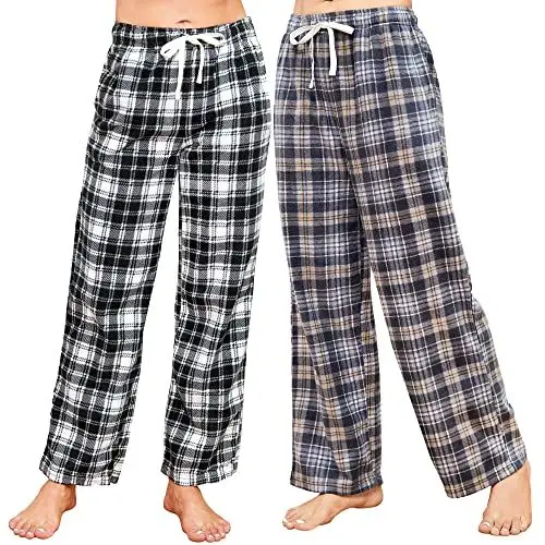 Produktbild: U2SKIIN Pyjamahose Damen lang kariert Schlafhose Schlafanzughosen für Damen Fleece Pyjama Hosen Nachtwäsche Freizeithose mit Taschen (Grau Gelb Kariert+Weiß Schwarz Kariert, M)