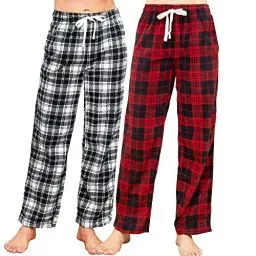 Produktbild: U2SKIIN Pyjamahose Damen lang kariert Schlafhose Schlafanzughosen für Damen Fleece Pyjama Hosen Nachtwäsche Freizeithose mit Taschen (Rot Schwarz Kariert+ Weiß Schwarz Kariert, M)